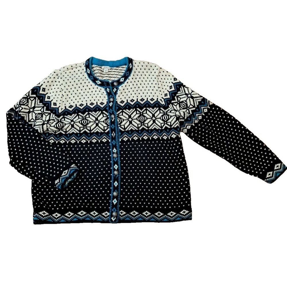Womens LL Bean Cardigan Fair Isle Nordic Alpine Cotton Metal Buttons 2X READ